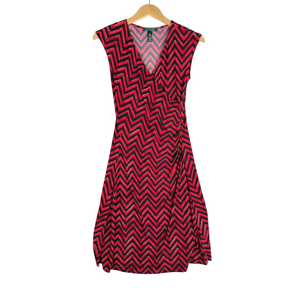 Lauren Ralph Lauren Chevron Print Sleeveless Faux Wrap Dress size Small Red/Blac